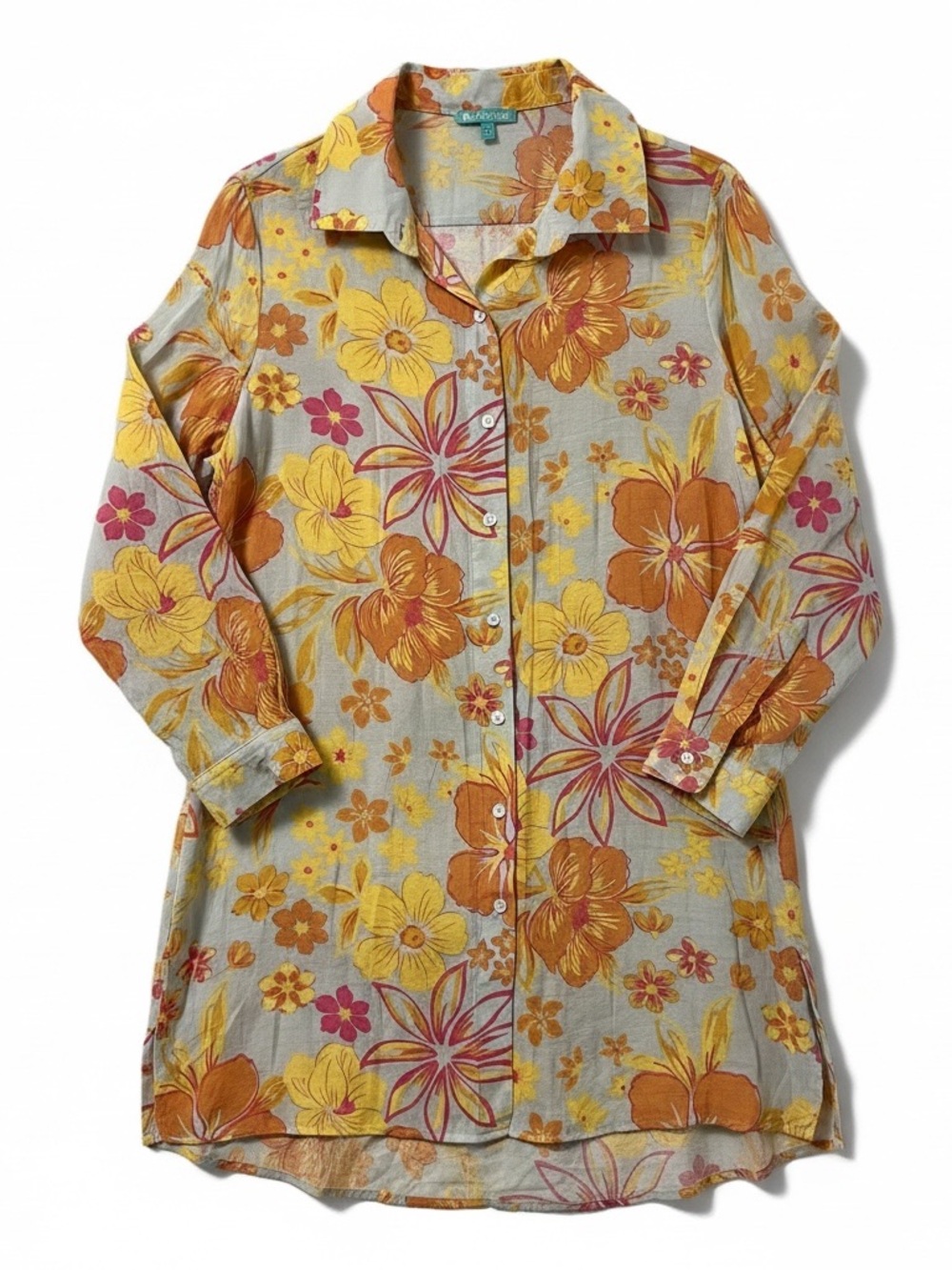 Shore Life Coastal Boho Floral Shirt Dress Womens M Button Front Slit
